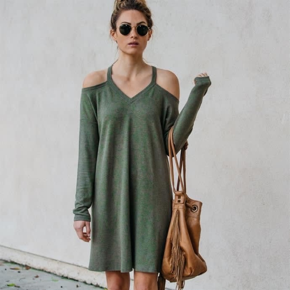 New Olive/Army Green Off Shoulder Sweater Dress